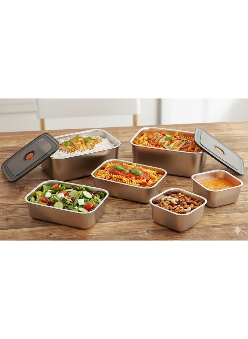 طقم أوعية حفظ طعام ستانلس ستيل محكمة الغلق 5 قطع | علب تخزين طعام فاخرة من الفولاذ المقاوم للصدأ Food Grade BPA Free | صالحة للميكروويف والفرن والفريزر وغسالة الأطباق | أغطية سيليكون مانعة للتسرب 360° | تصميم متداخل موفر للمساحة | مقاومة للتآكل والروائح والبقع | سعات متعددة 2200 / 2000 / 1500 / 1200 / 600 مل - Image 4